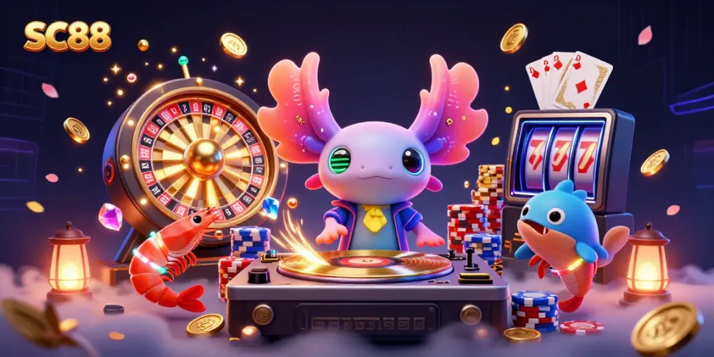 Experience fun gaming moments with SC88's vibrant underwater party scene featuring an axolotl DJ.