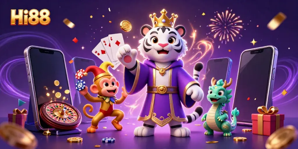 Experience thrilling gameplay at Hi88 with a vibrant 3D scene featuring a white tiger, monkey, and jade dragon in a casino setting.