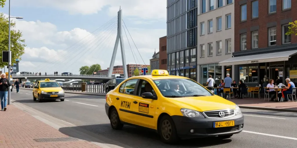 Taxi Rotterdam in actie met de Erasmusbrug op de achtergrond.