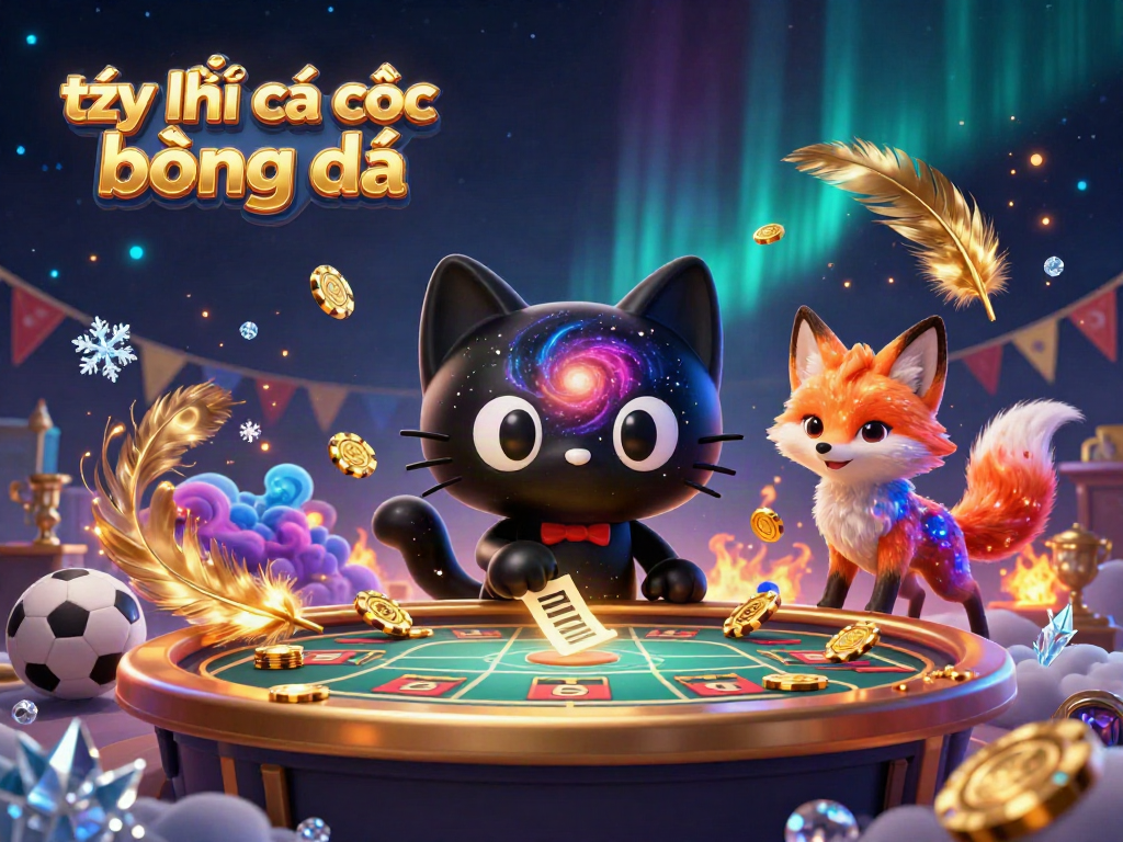 Engage in thrilling tỷ lệ cá cược bóng đá action with a cosmic sports betting scene featuring a black hole cat and colorful fox.