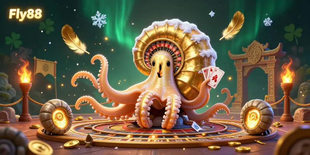 Experience Fly88 with a vibrant 3D illustration of a giant nautilus roulette wheel surrounded by rich casino elements.
