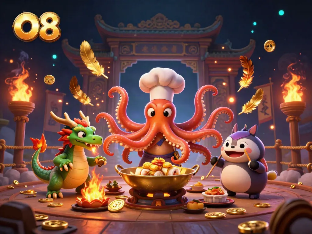 Experience thrilling gameplay at O8 with a vibrant octopus chef and dragon in a dynamic casino setting.