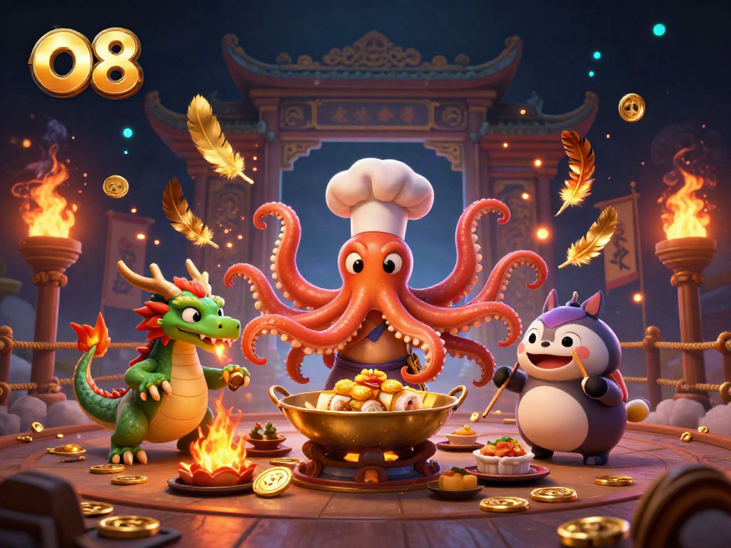 Experience thrilling gameplay at O8 with a vibrant octopus chef and dragon in a dynamic casino setting.