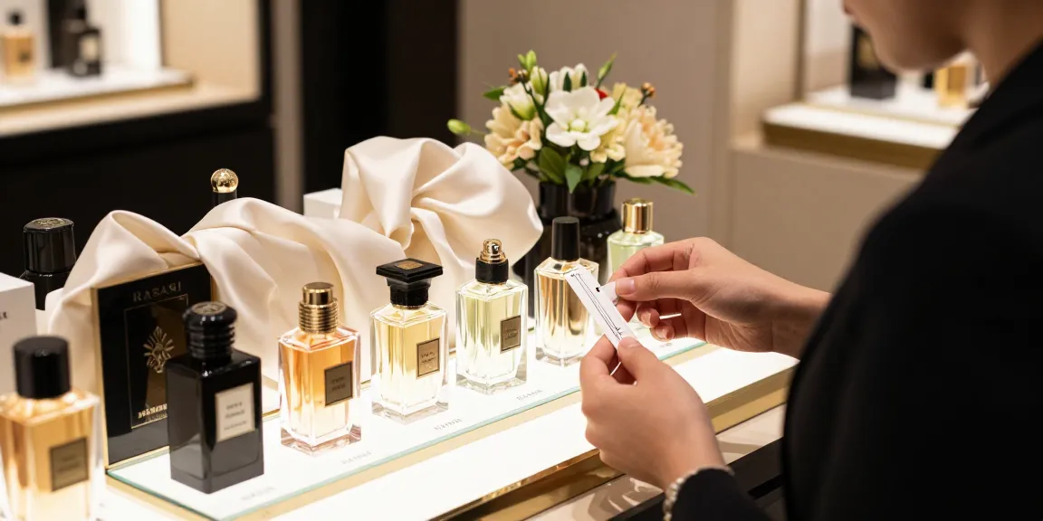 Rasasi parfum selectie in een luxe winkelsetting met elegante flesjes.