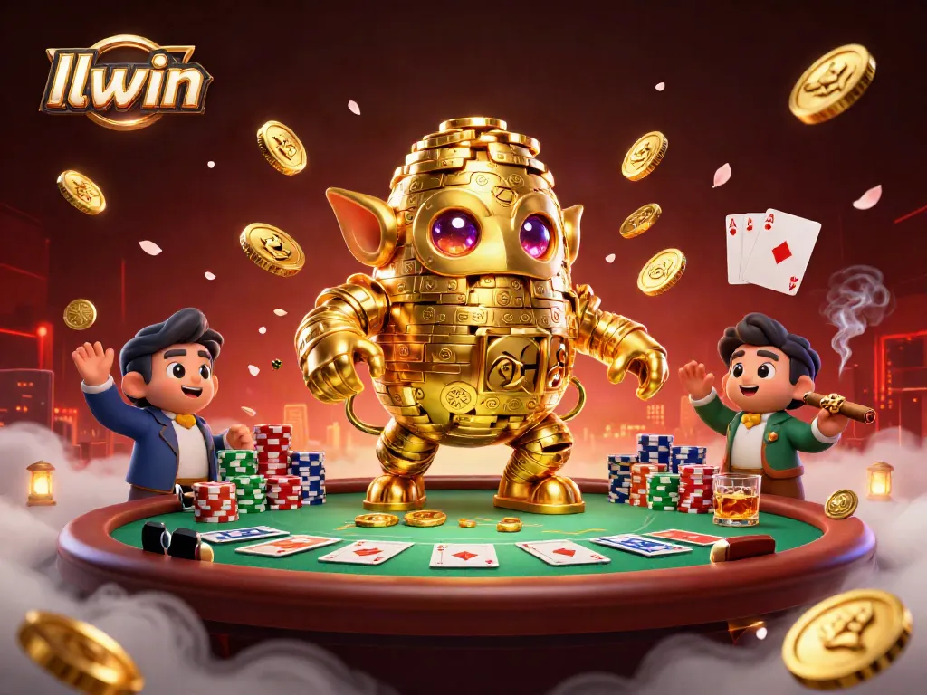 Engage in thrilling gameplay at llwin gaming platform with golden golem and poker elements.