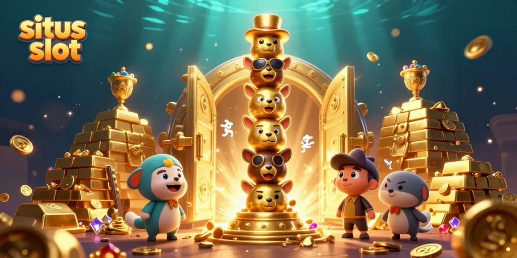 Spin and win at situs slot with a vibrant 3D visual of treasure and playful casino-themed characters.