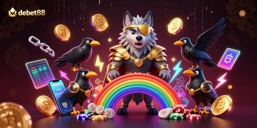 Engage with debet88’s thrilling casino experience featuring Odin and ravens on a chip bridge.