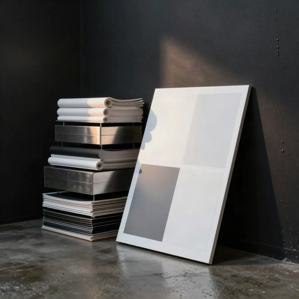 Monochrome brandstudio met sampleborden, staal en papieren maquettes in nat, dramatisch licht.