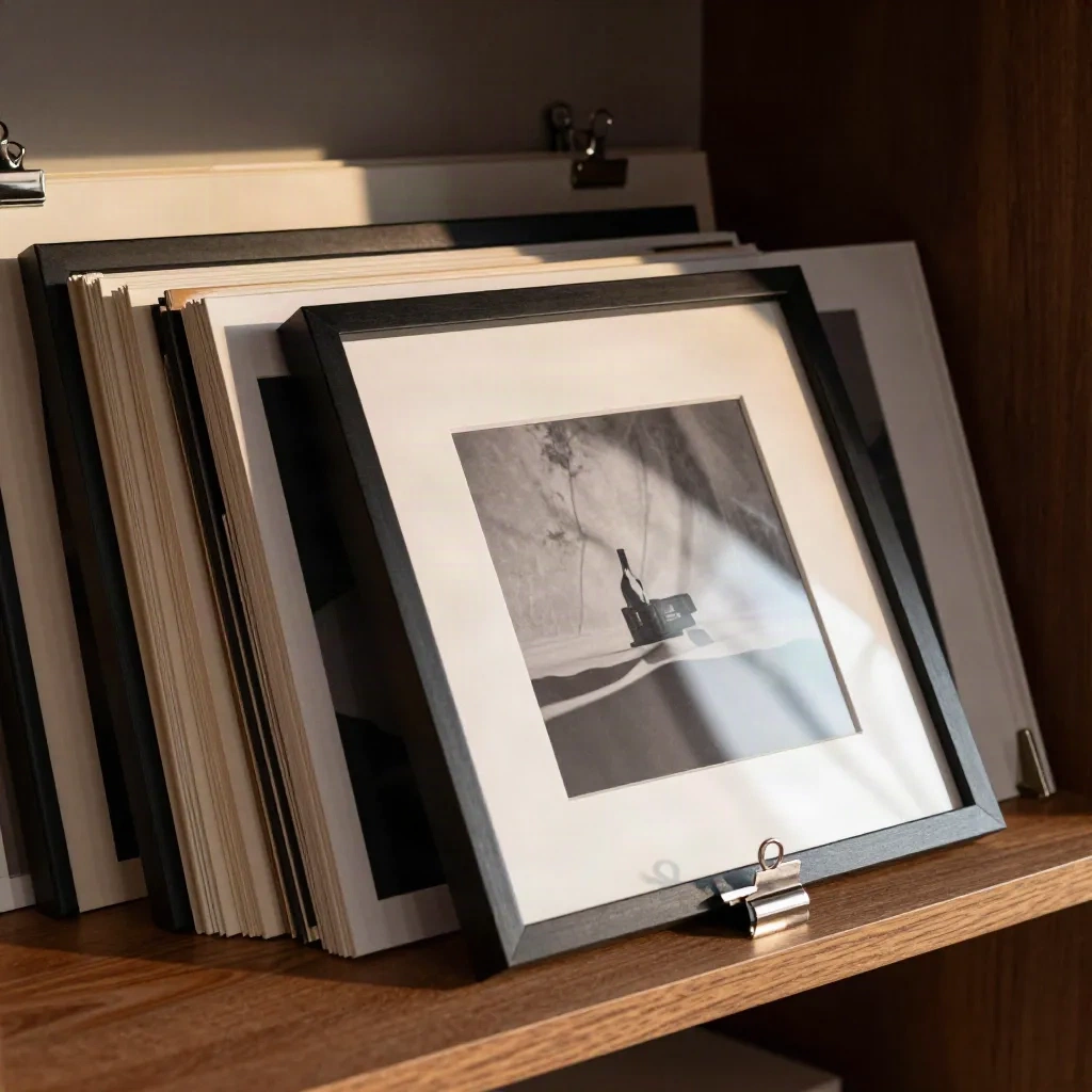 Zwart-wit fotoafdrukken en archiefmappen in een moody studiohoek