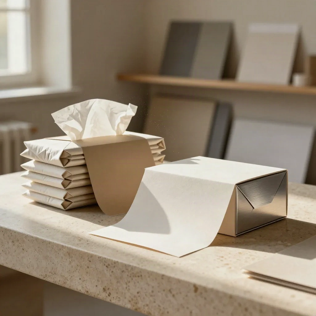 Verpakkingsproeven met dozen, sleeves en tissue op een stenen sokkel in warm daglicht.
