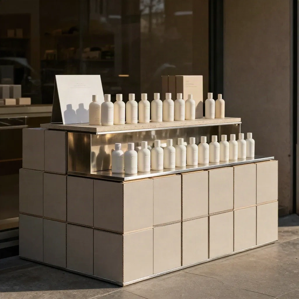 Strakke launchdisplay met cartons, zilveren accenten en productrijen in een stille winkel.