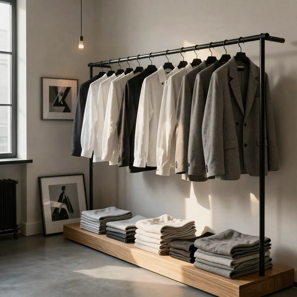 Atelierhoek met monochrome kledingrekken, lookbookprints en opgevouwen stoffen in zacht warm licht.
