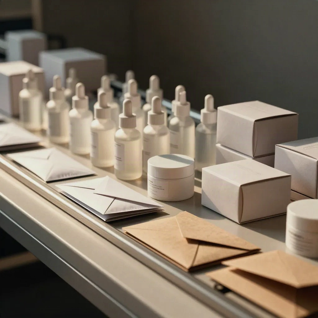 Close-up van skincareverpakkingen, dozen en enveloppen op een neutrale inpaktafel.