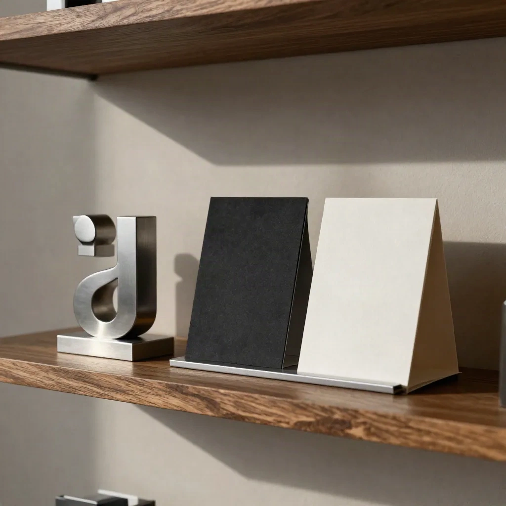 Minimalistische brandschap met zilveren logo-object, verpakkingen en displayplint.