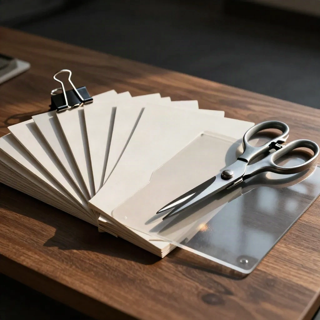 Typografische kaarten, scharen en metalen clips op een warme houten ondergrond.