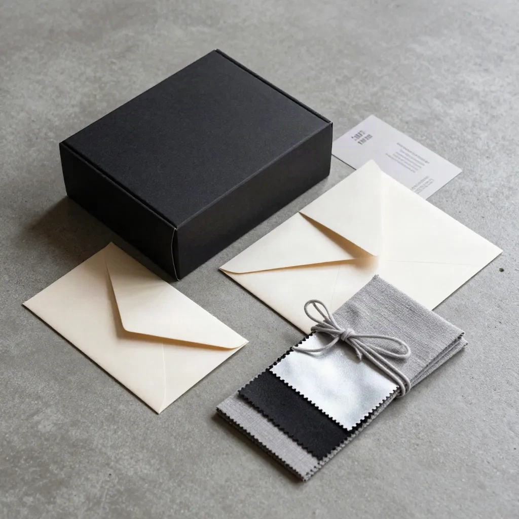 Overhead flatlay van opleveringsset met doos, sleeve, envelop en materiaalbundel op beton