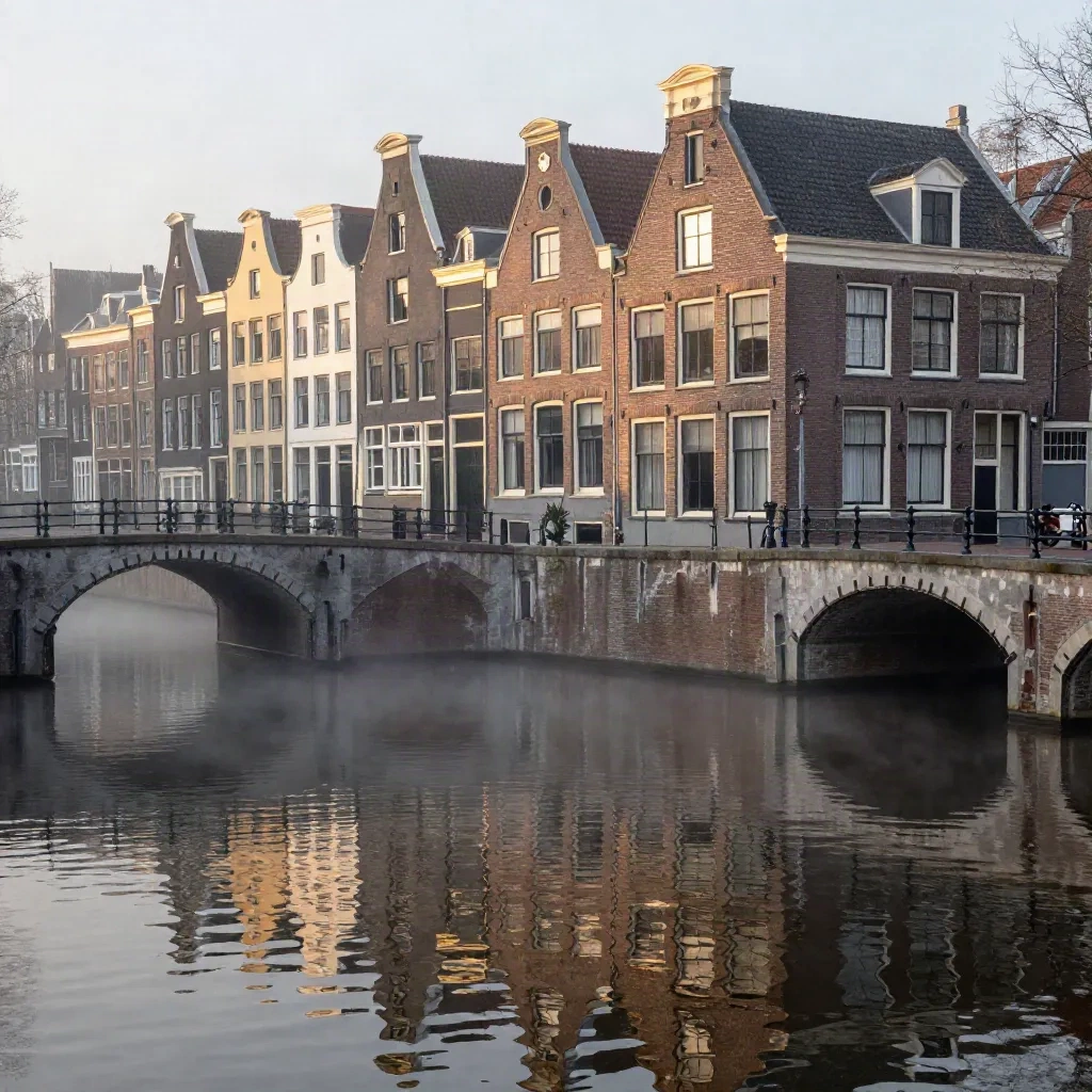 Mistige Amsterdamse gracht met hoge brug, trapgevels en spiegeling in donker water.