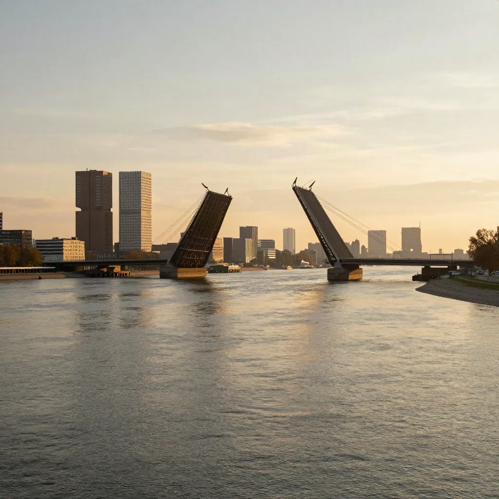 Rotterdam skyline en Erasmusbrug boven een mistige rivier in gouden avondlicht.