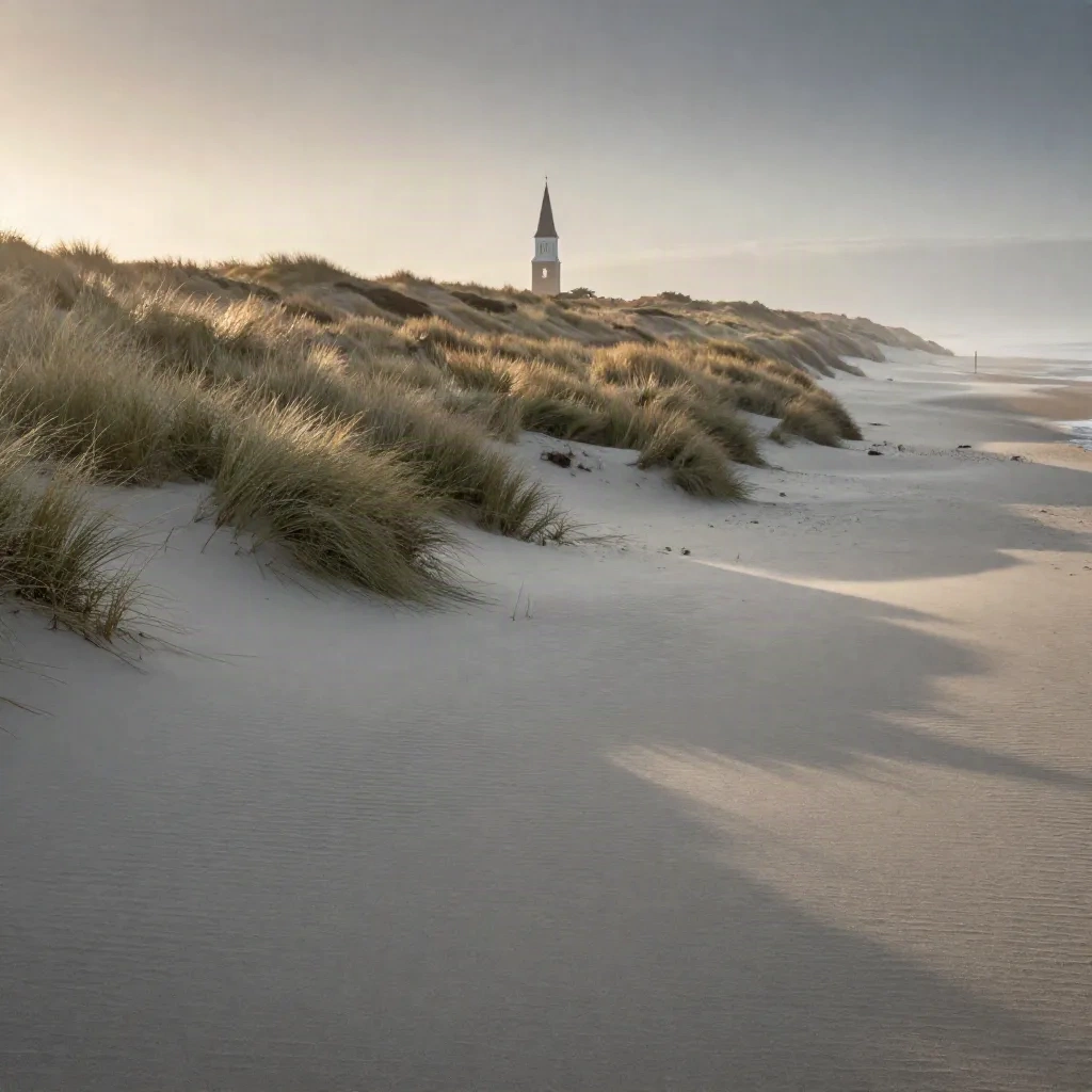 Duinen in Noord-Holland met verre kerktoren en wuivend gras in zachte zeemist.