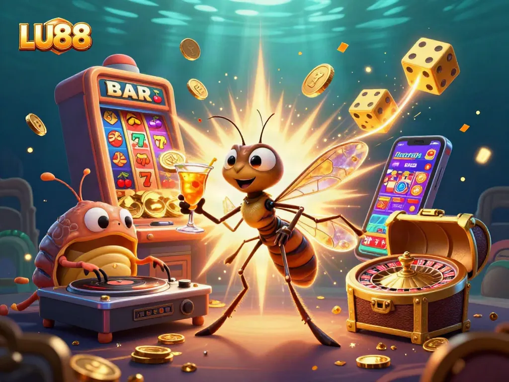 Experience gaming excitement with LU88, featuring a lively casino scene with vibrant characters and jackpots.