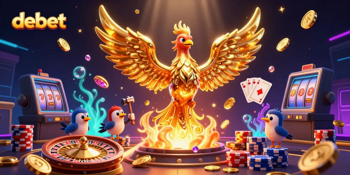 Engage with debet's thrilling golden phoenix emerging from a forge, captivating casino elements abound.