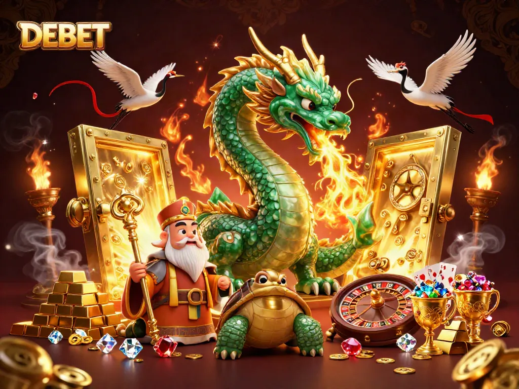 Experience thrilling gameplay with DEBET in this vibrant 3D casino scene featuring winning characters and rich symbols.