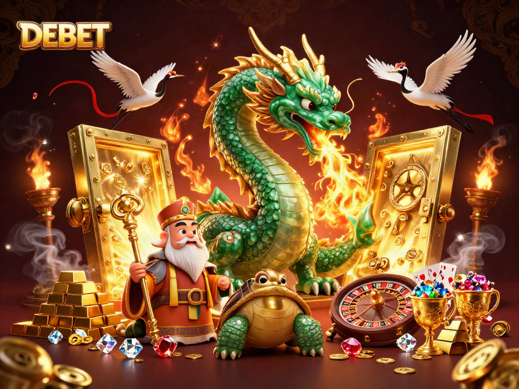 Experience thrilling gameplay with DEBET in this vibrant 3D casino scene featuring winning characters and rich symbols.