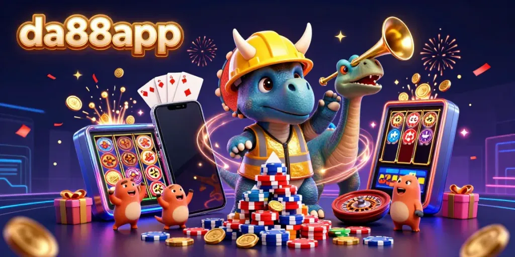 Celebrate winning spins and poker with the vibrant da88app casino illustration, featuring fun characters.