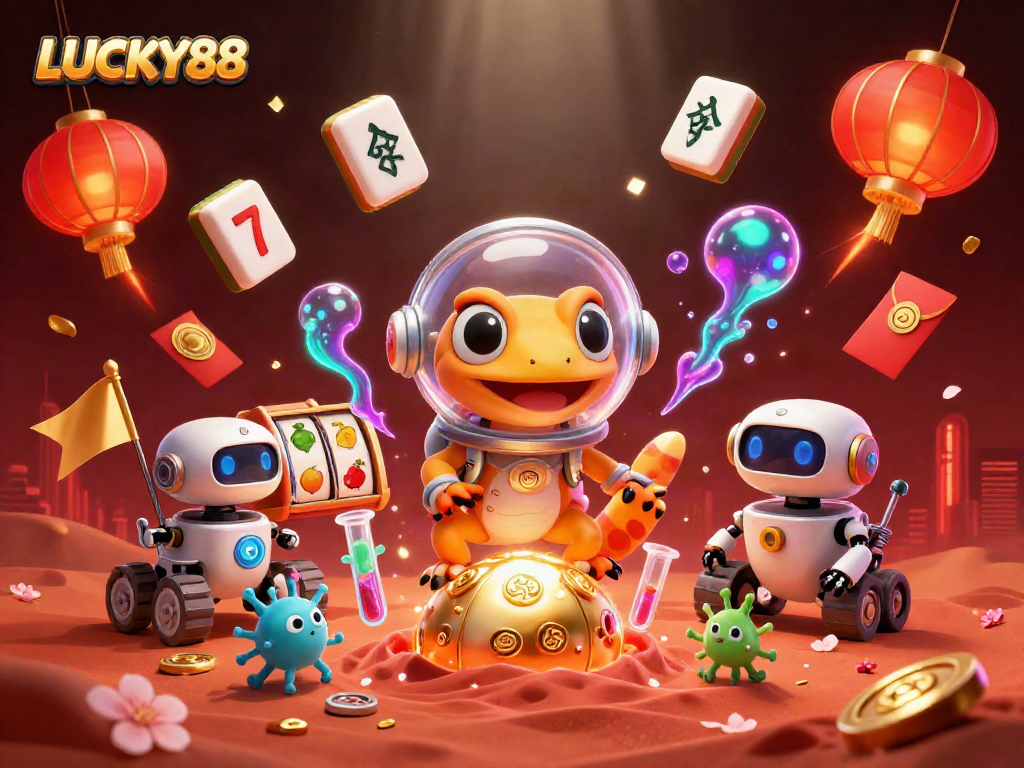 Spin the reels in the vibrant LUCKY88 casino scene with 3D characters and engaging slot elements.