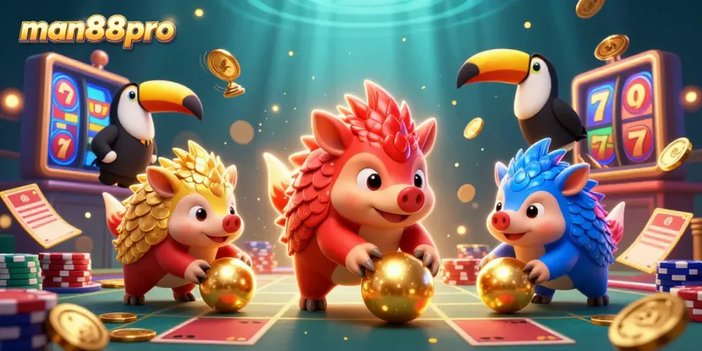 Experience exciting slots action with man88pro as pangolins tackle golden jackpots and poker chips!