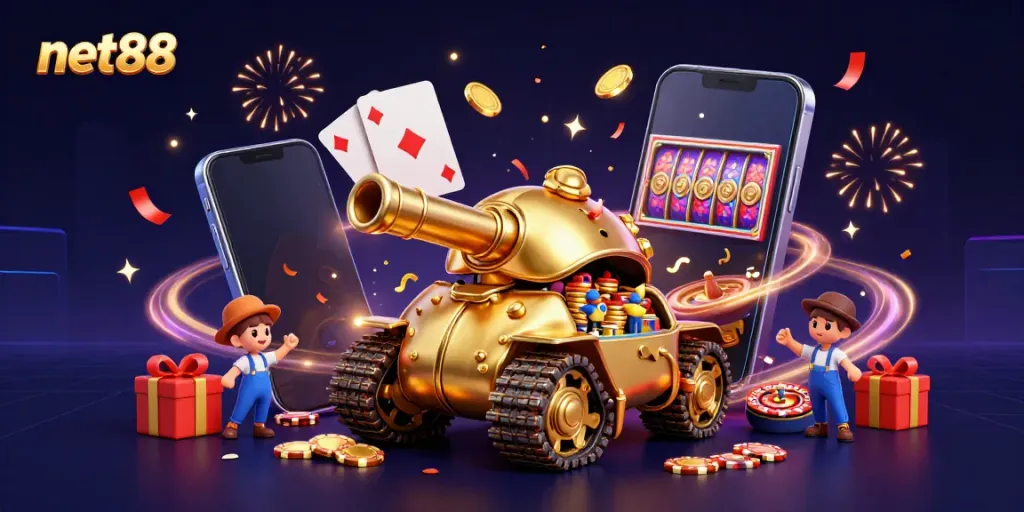 Witness the excitement of net88 as colorful slot games and festive elements burst from a golden beetle tank in a vibrant casino scene.