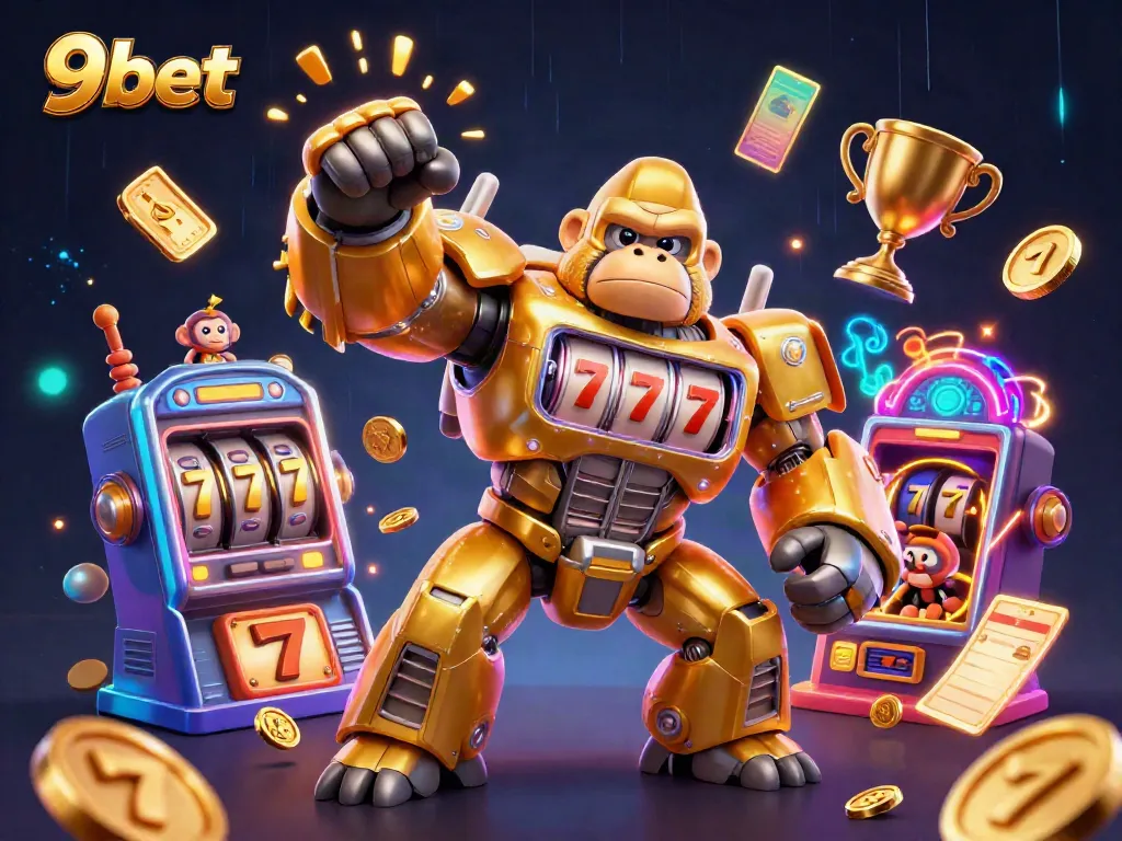 Engaging 3D illustration of a vibrant 9bet gaming scene featuring a golden gorilla mech and dynamic casino elements.