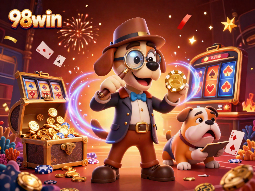 Engage with 98win as a cartoon detective and bulldog uncover treasure in a lively casino.