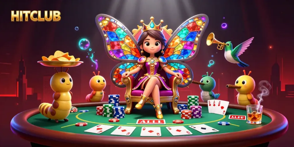 Experience HITCLUB with a vibrant gaming scene featuring poker elements and lively characters.