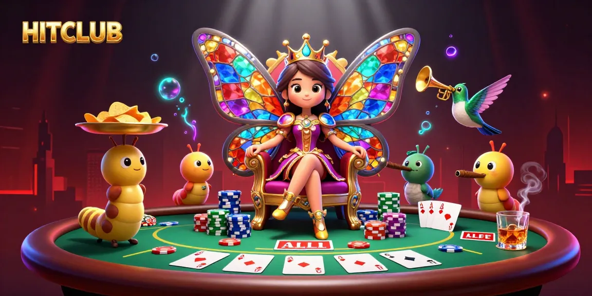 Experience HITCLUB with a vibrant gaming scene featuring poker elements and lively characters.