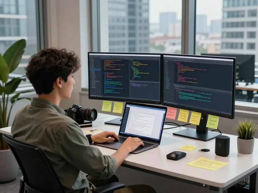 Innovative workspace featuring juicy ai development with dual monitors and vibrant coding elements.