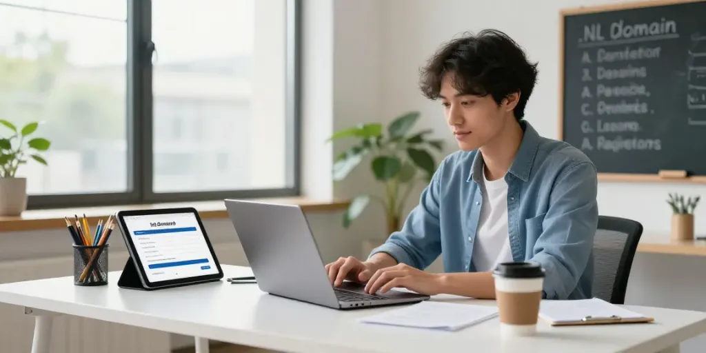 Een professional die een .nl domeinnaam aan het kopen is in een moderne kantooromgeving.
