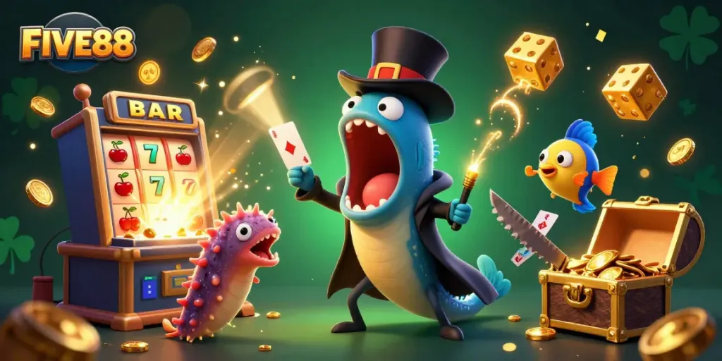 Engage with FIVE88's vibrant gaming world, featuring unique underwater characters and a jackpot explosion.