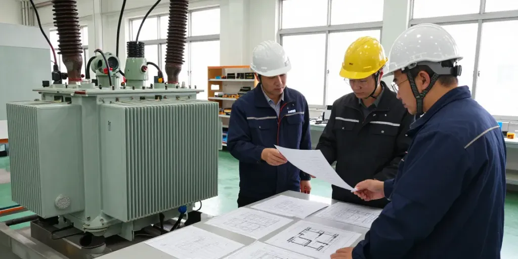 Medium voltage transformer prijs met ingenieurs die specificaties bespreken in een industriële omgeving.