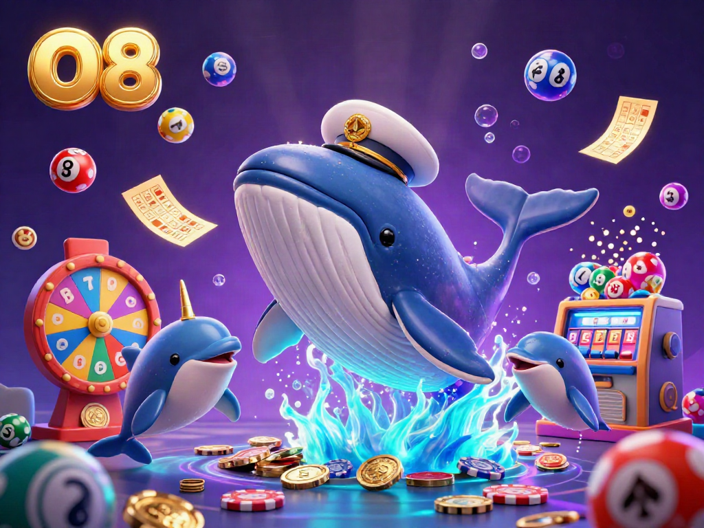 Engage in thrilling gameplay with O8, showcasing a 3D whale and friends amidst vibrant casino elements.