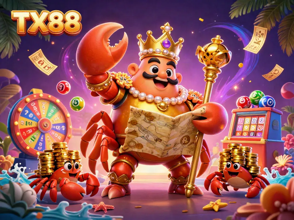 Experience the excitement of TX88 casino with vibrant games and a captivating royal crab theme.