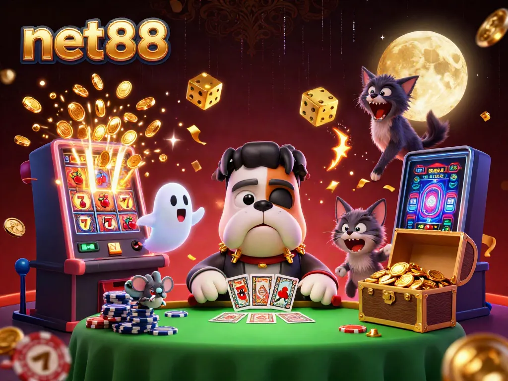 Experience thrilling gameplay at net88, featuring a cartoon bulldog dealer amidst casino action.