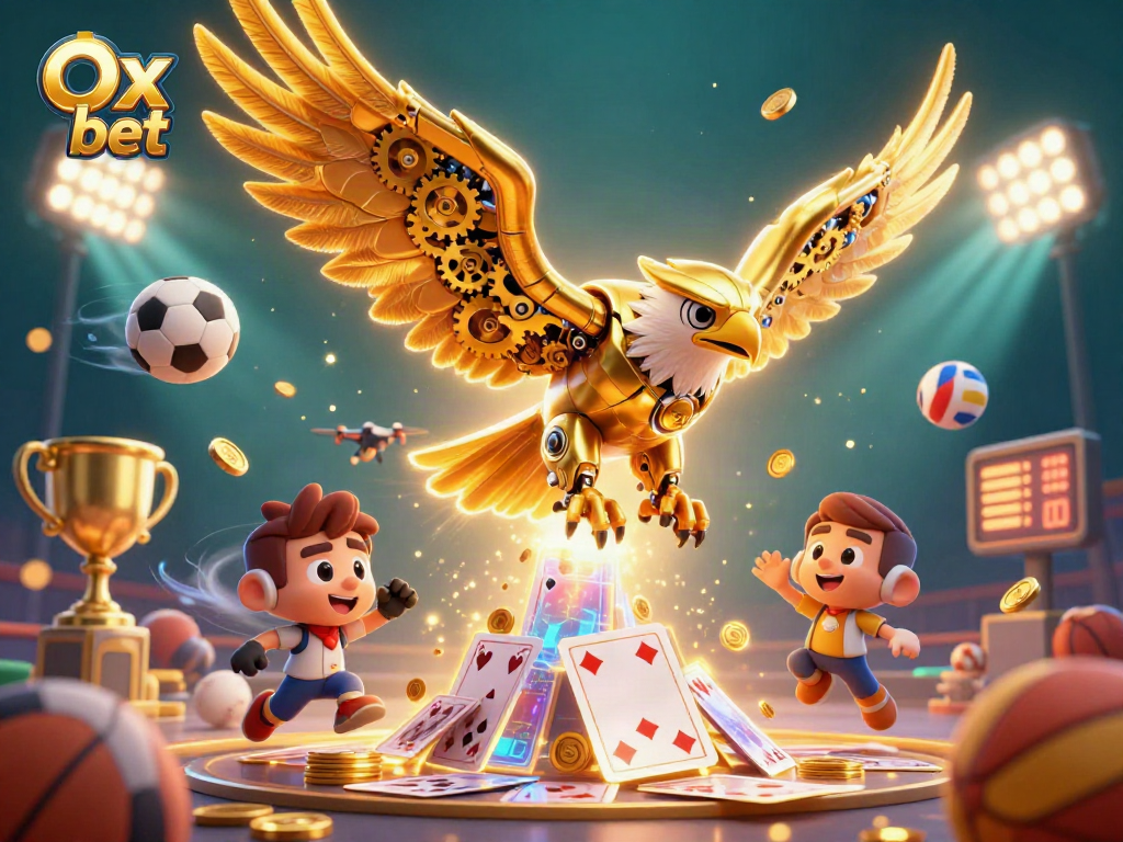 Engage in thrilling gameplay at Ox bet with a stunning illustration of a diving golden eagle amidst dynamic sports elements.