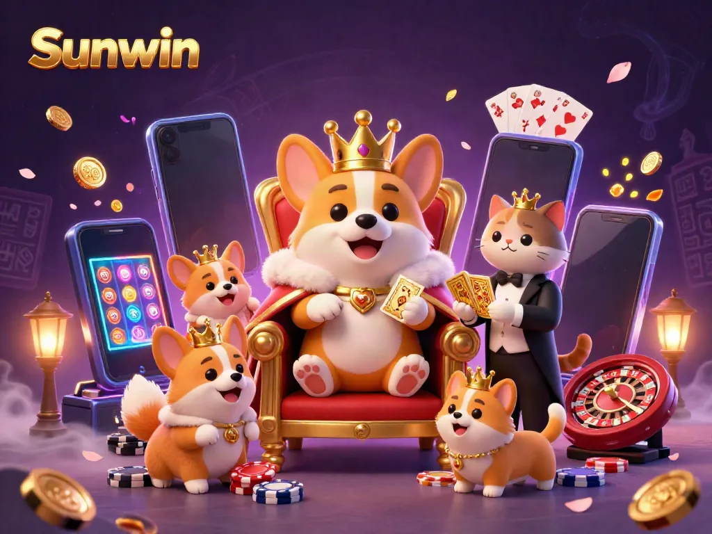 Sunwin offers a fun experience with a royal corgi on poker chips amidst vibrant slots and gameplay elements.