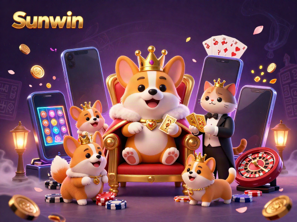 Sunwin offers a fun experience with a royal corgi on poker chips amidst vibrant slots and gameplay elements.