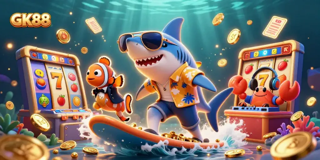 Experience thrilling gaming at GK88 with a shark and clownfish amidst a vibrant casino scene.
