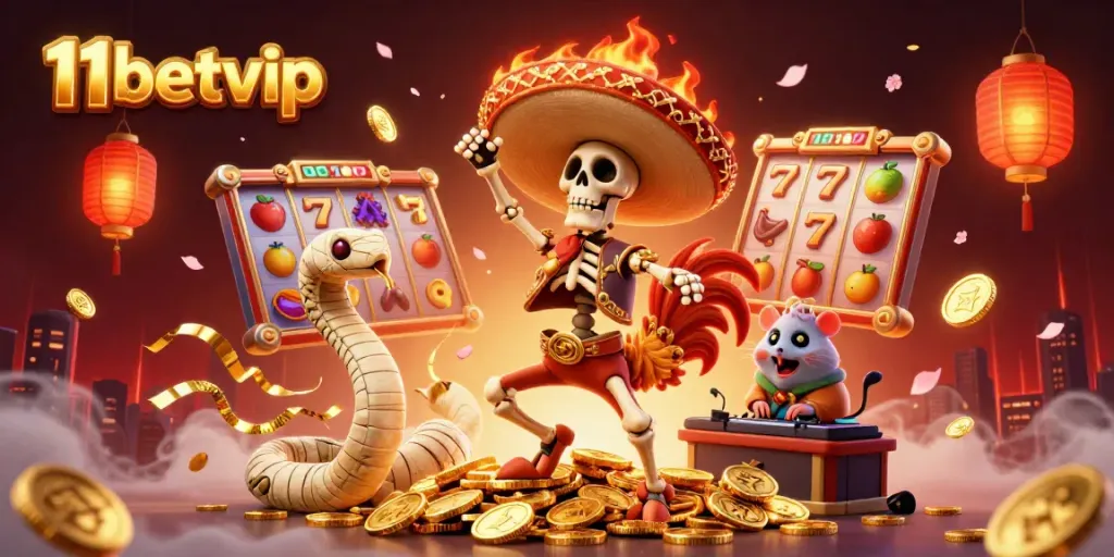 Experience exciting gaming at 11betvip with interactive elements like slot reels and golden coins.