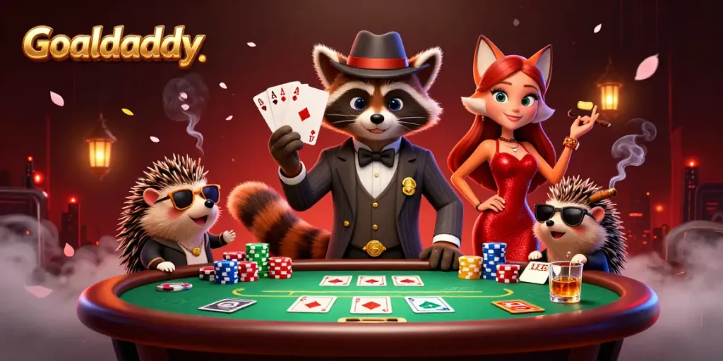 Goaldaddy poker scene featuring a suave raccoon, a fox lady, and a hedgehog bouncer amidst stacks of chips.