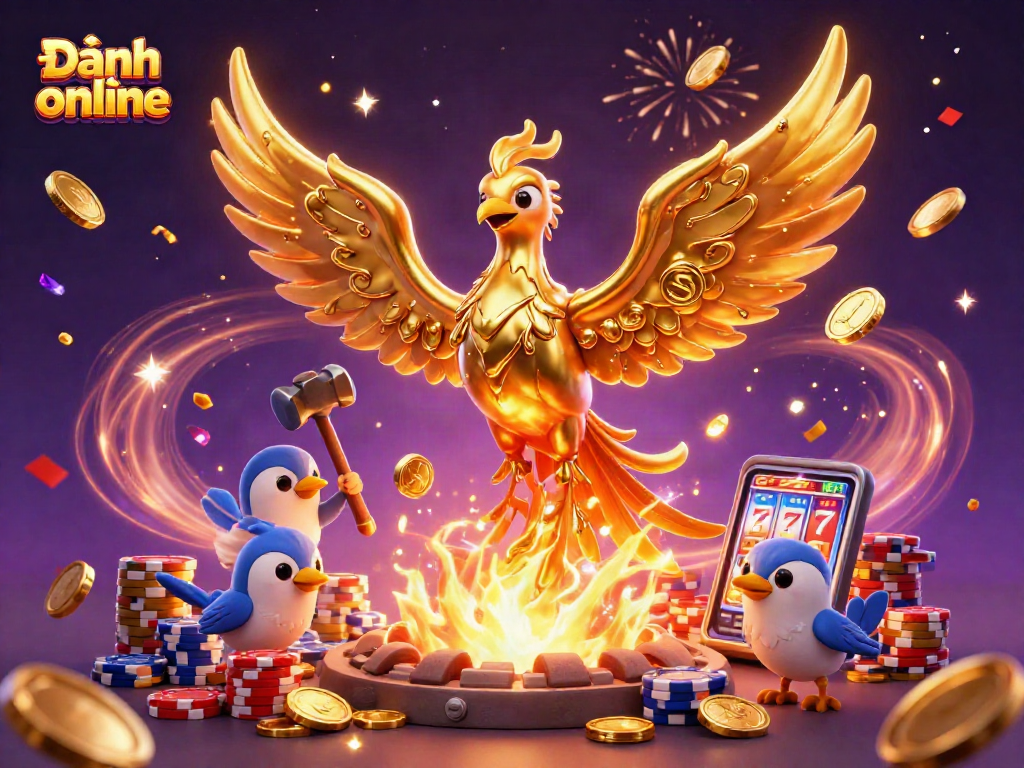 Experience Đánh đề online with a dynamic scene of a golden phoenix and sparrow assistants amidst falling coins and casino excitement.