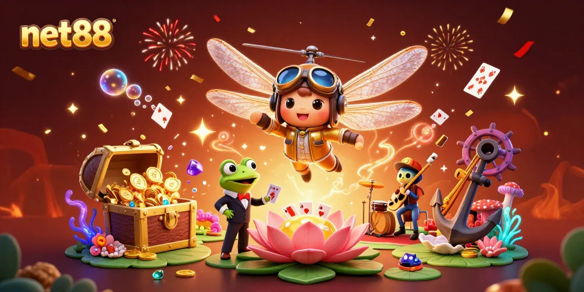 Experience the vibrant energy of net88 with dragonfly pilots, card games, and underwater treasures.
